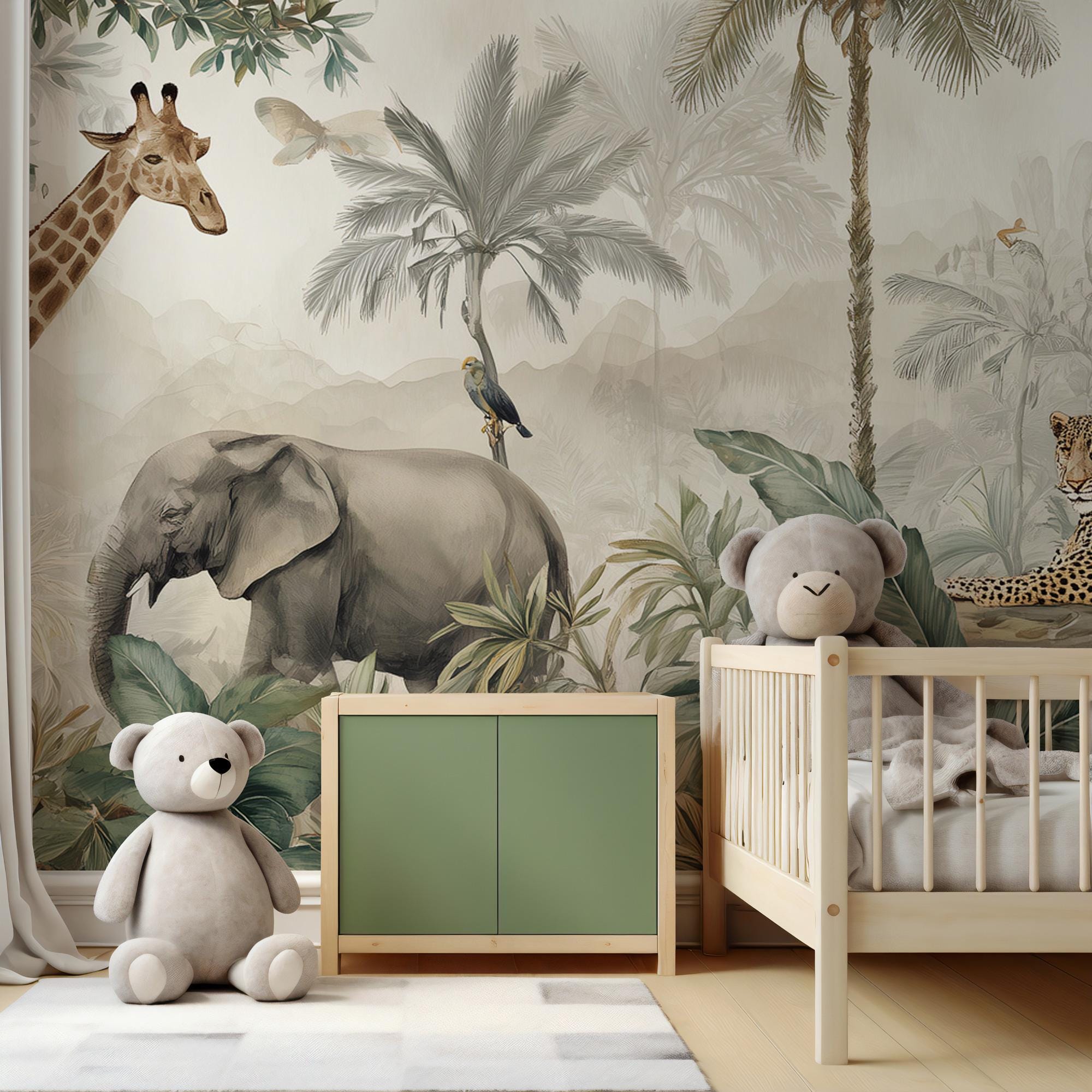 Jungle Safari Nursery Wallpaper Mural – Tropical Animals Peel and Stick Wall Art - View 4