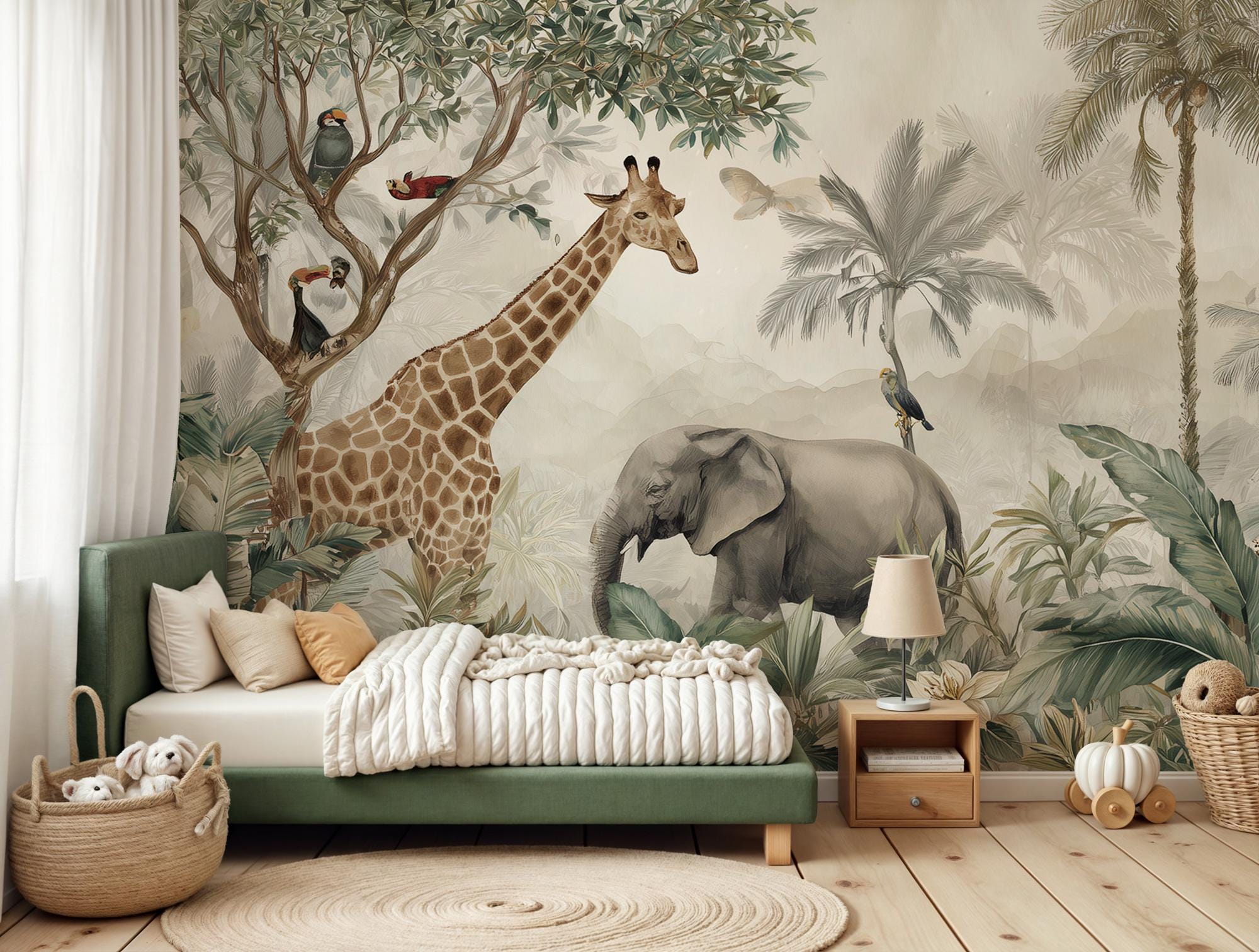 Jungle Safari Nursery Wallpaper Mural – Tropical Animals Peel and Stick Wall Art - View 3