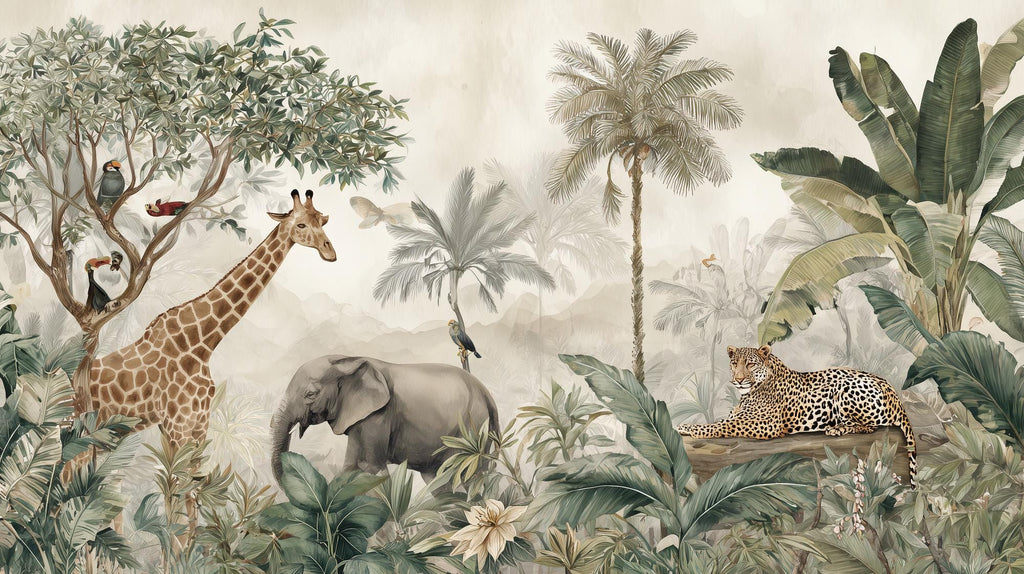 Jungle Safari Nursery Wallpaper Mural – Tropical Animals Peel and Stick Wall Art - View 6
