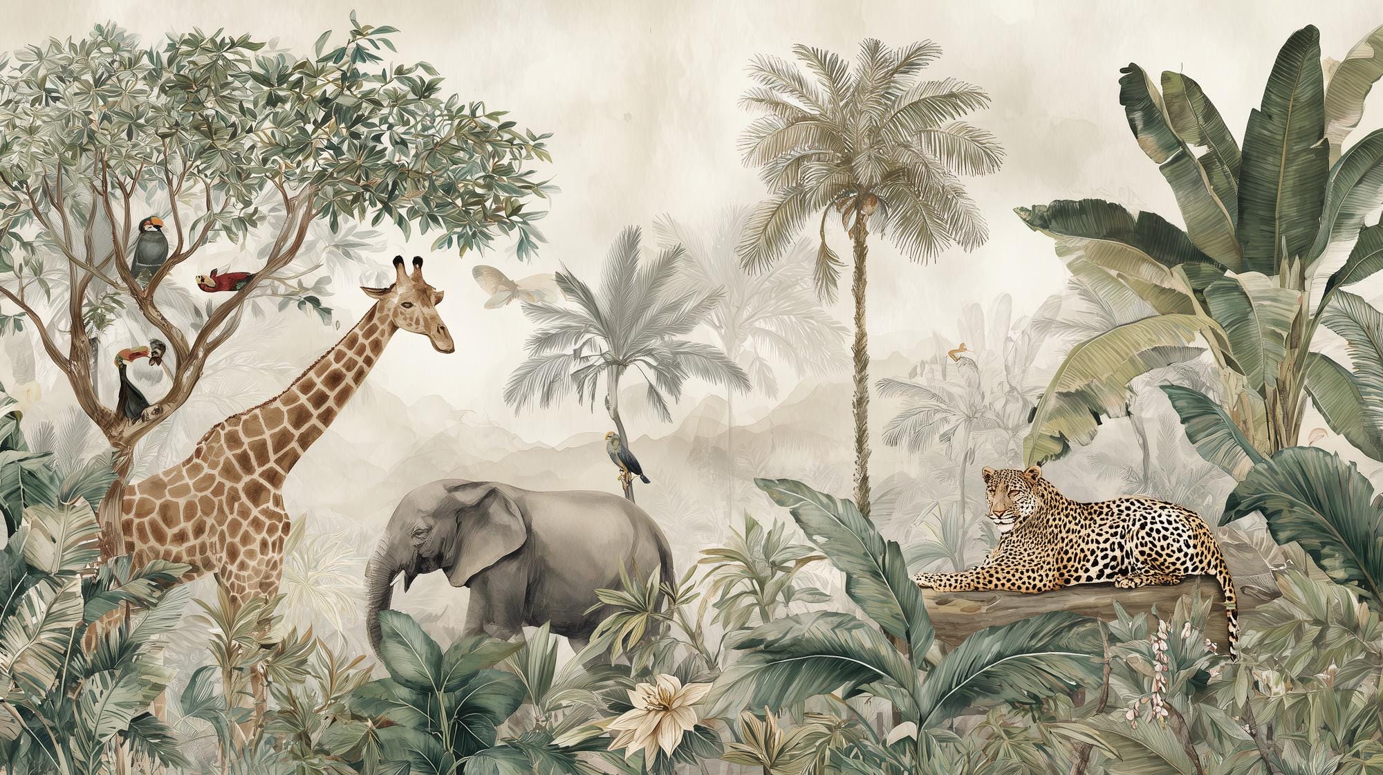 Jungle Safari Nursery Wallpaper Mural – Tropical Animals Peel and Stick Wall Art - View 6