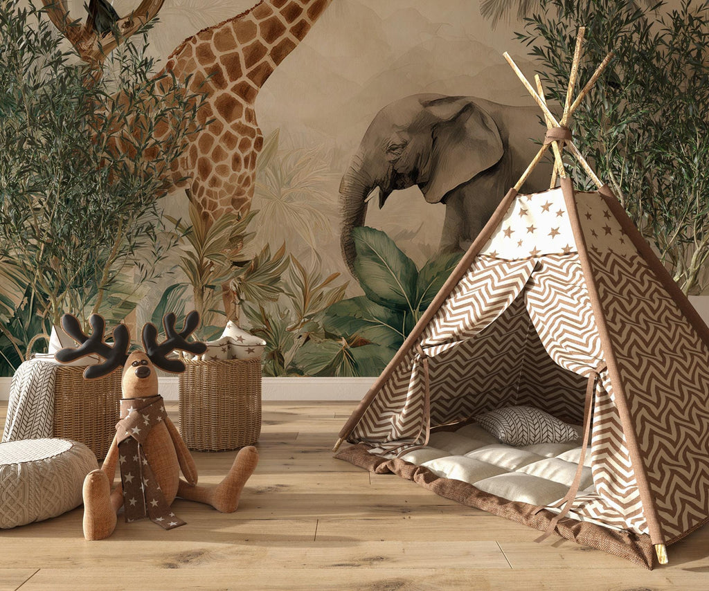 Jungle Safari Nursery Wallpaper Mural – Tropical Animals Peel and Stick Wall Art - View 2