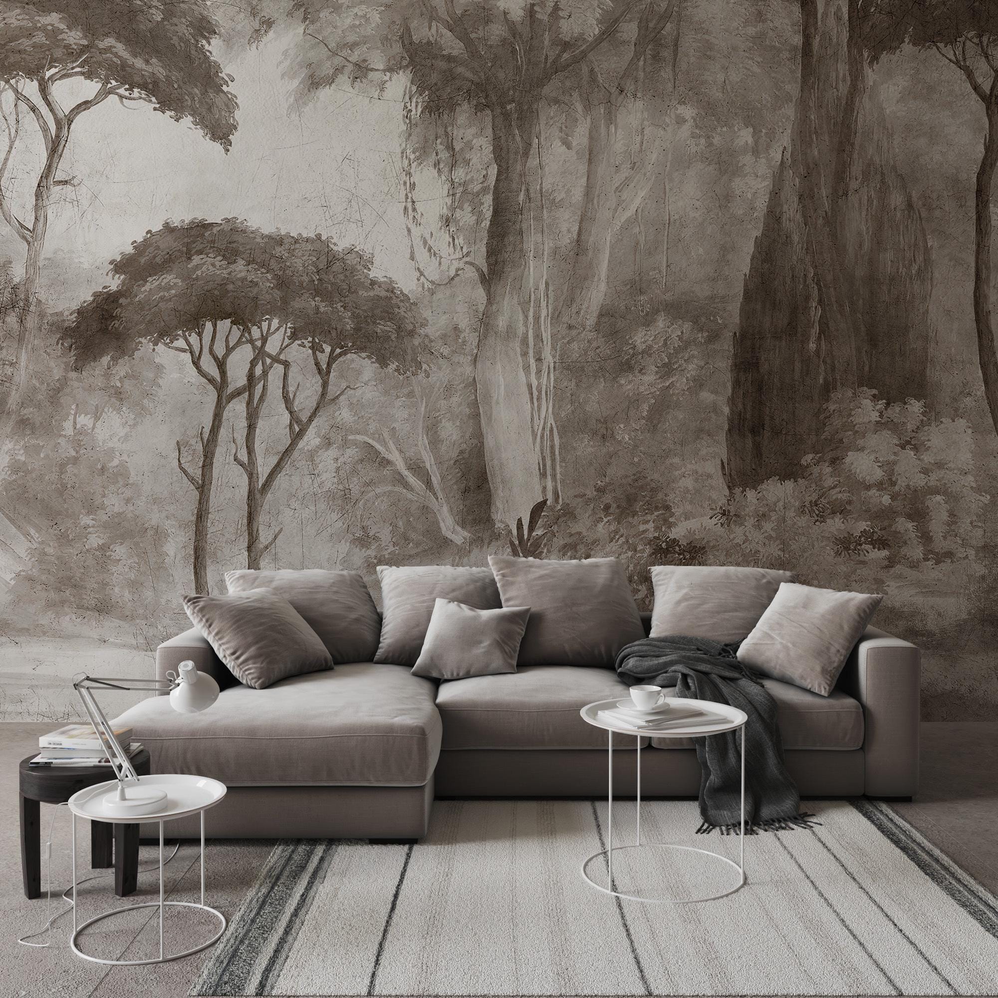 Neutral Forest Wallpaper Mural – Vintage Woodland Landscape Wall Art - View 2