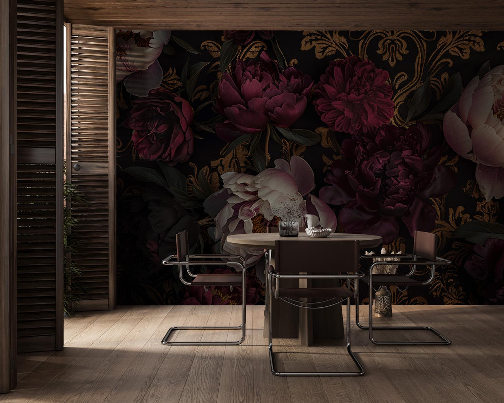 Dark Botanical Wallpaper Mural – Moody Vintage Floral Wall Art - View 2