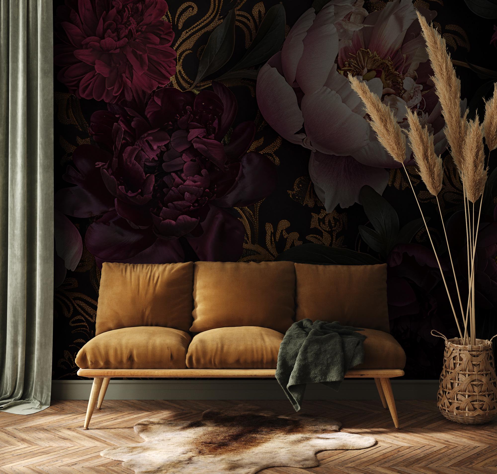 Dark Botanical Wallpaper Mural – Moody Vintage Floral Wall Art - View 3