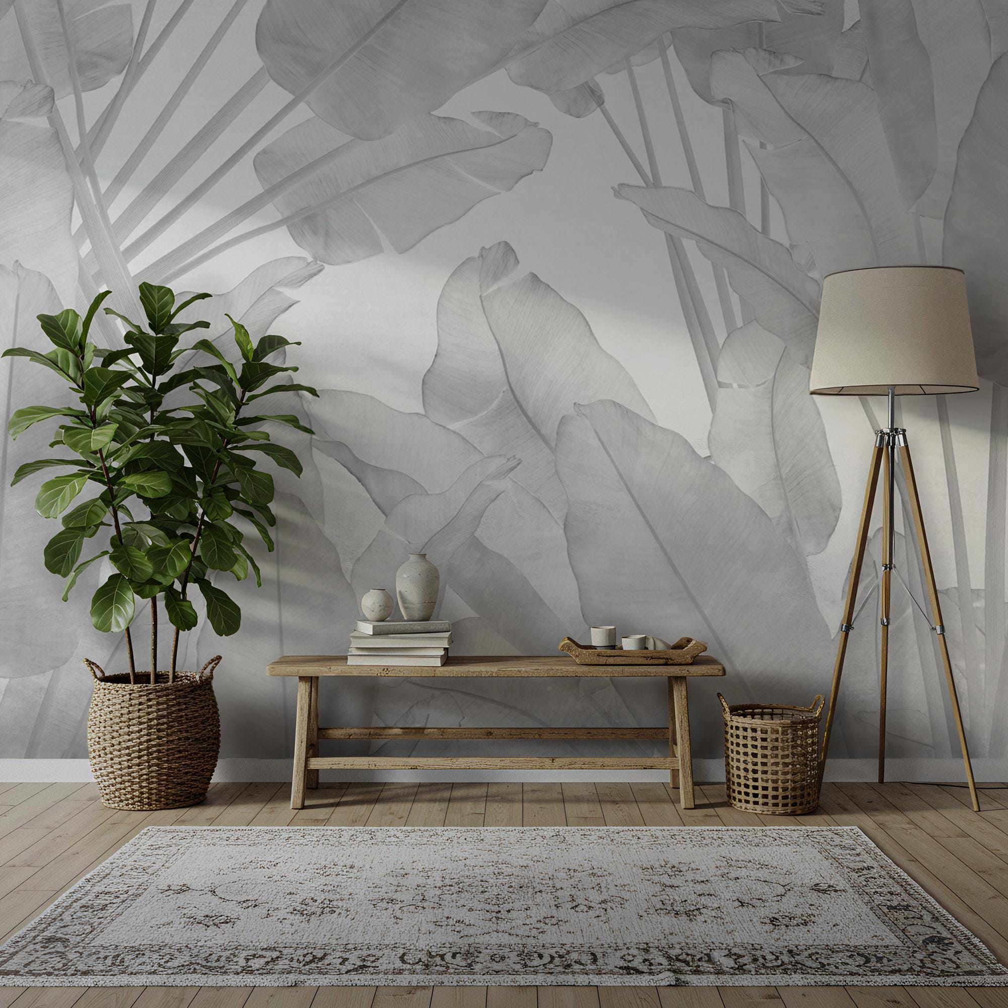 Big Tropical Leaf Wallpaper, Gray Floral Wall Mural, Peel & Stick - View 5