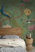 Green Chinoiserie Peacock Wallpaper Mural – Elegant Floral Bird Wall Art