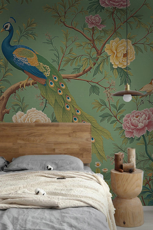 Green Chinoiserie Peacock Wallpaper Mural – Elegant Floral Bird Wall Art
