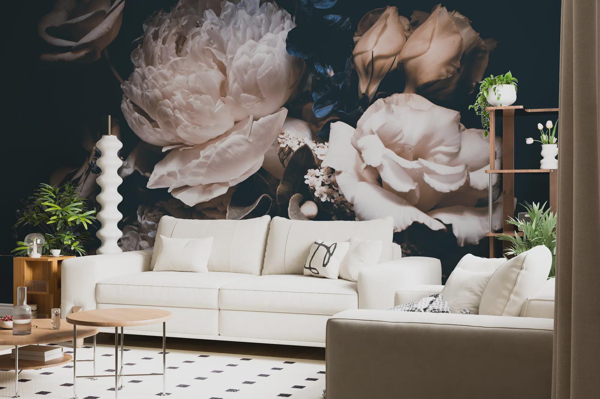 Dark Peony Floral Wallpaper: Big Rose Wall Mural, Peel & Stick - View 3