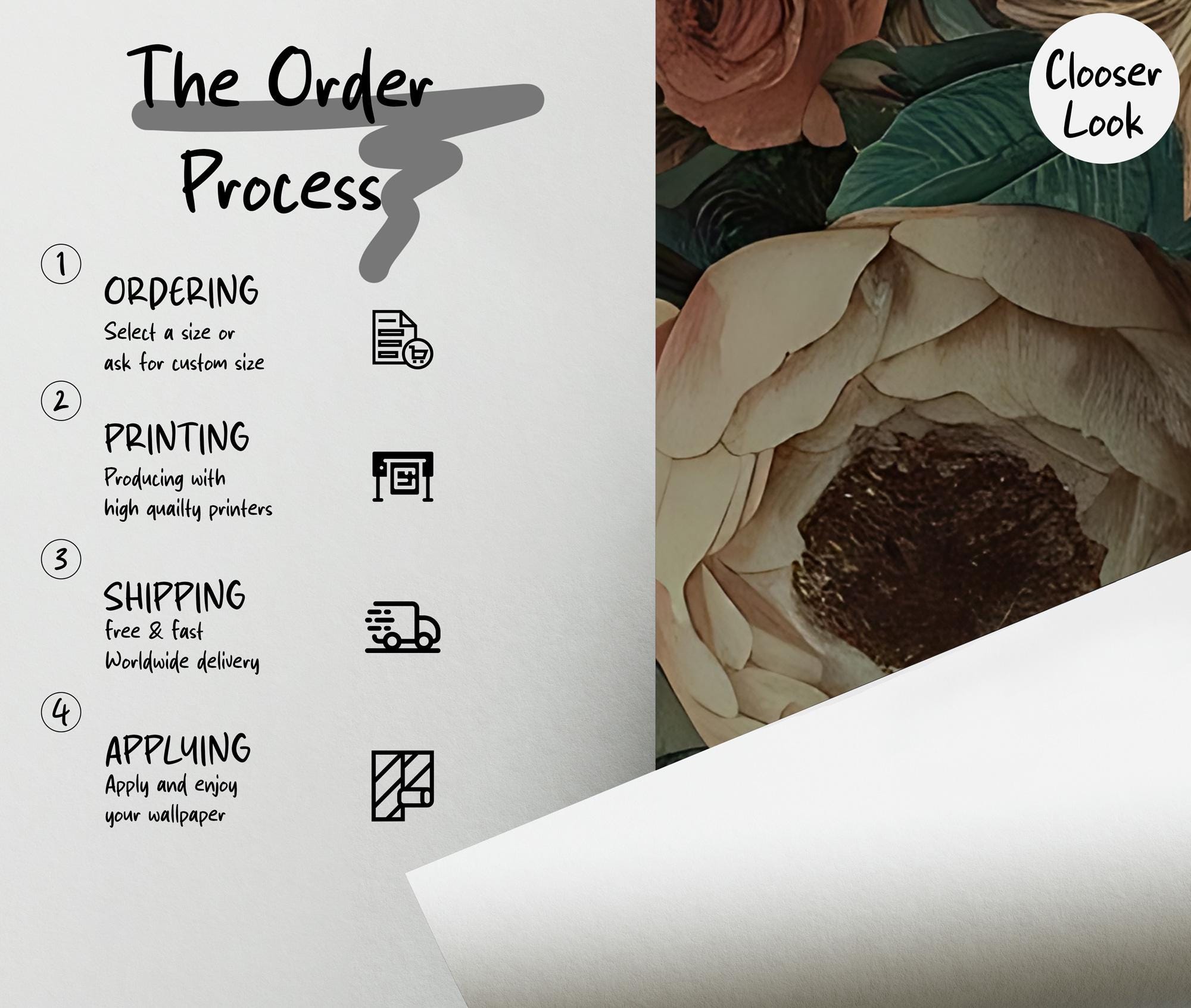 Vintage Peony and Rose Mural – Dark Floral Peel and Stick Wallpaper - View 5