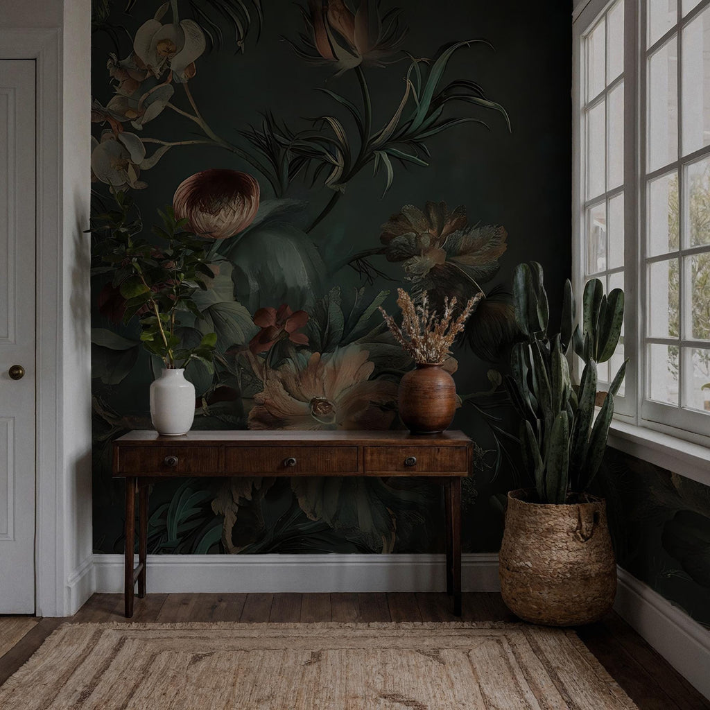 Vintage Peony and Rose Mural – Dark Floral Peel and Stick Wallpaper - View 4