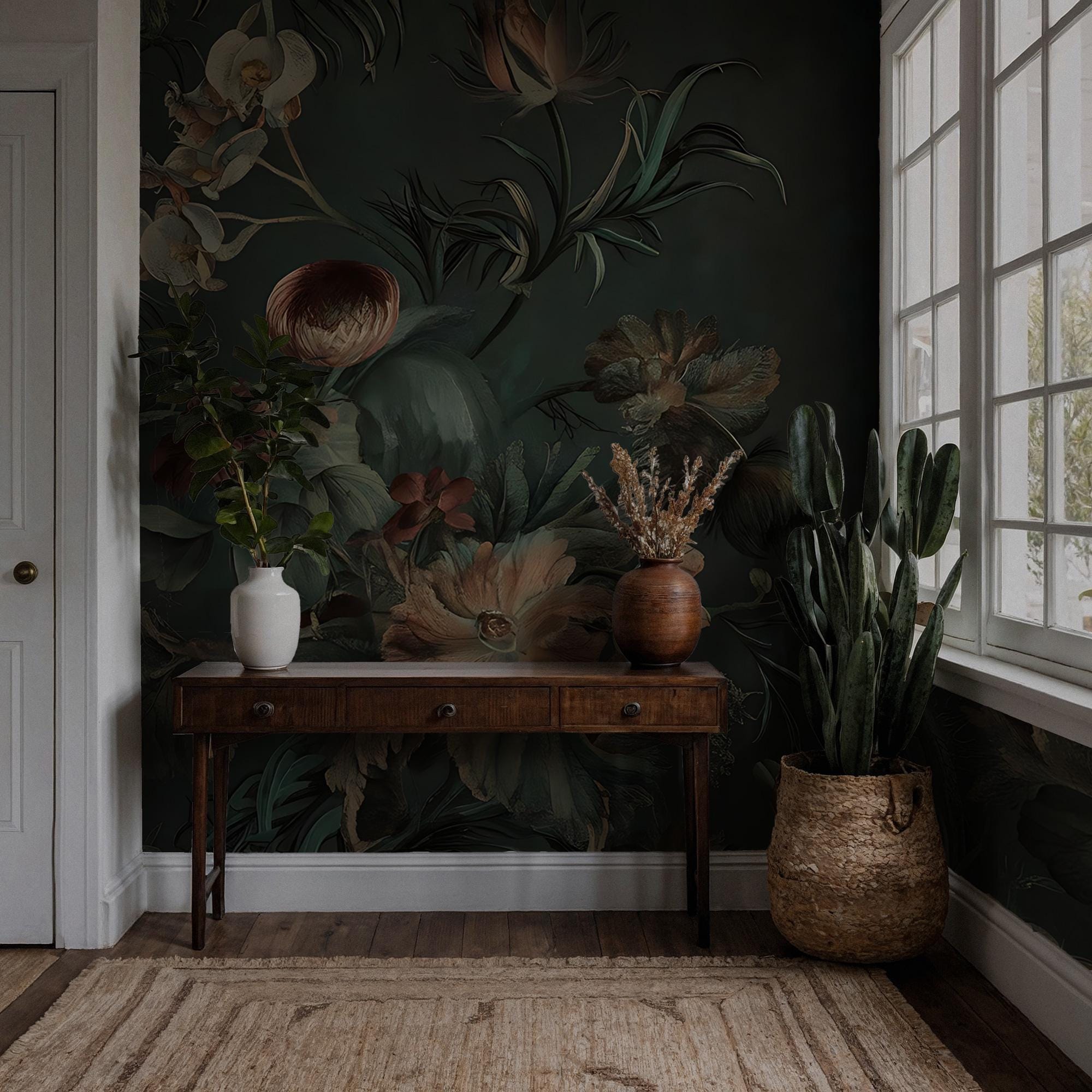 Vintage Peony and Rose Mural – Dark Floral Peel and Stick Wallpaper - View 4