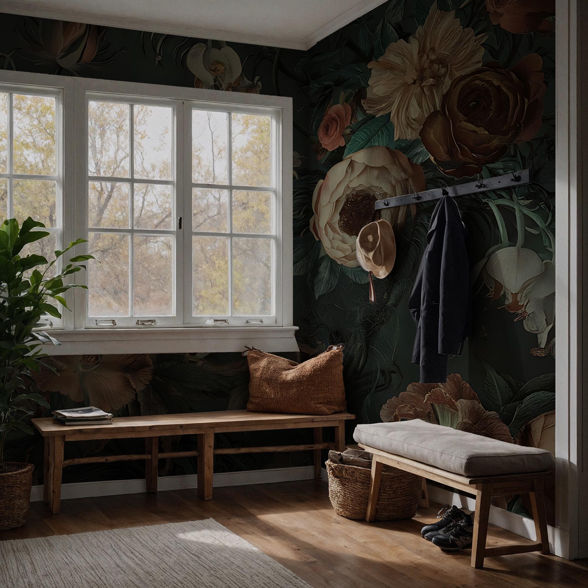 Vintage Peony and Rose Mural – Dark Floral Peel and Stick Wallpaper - View 2