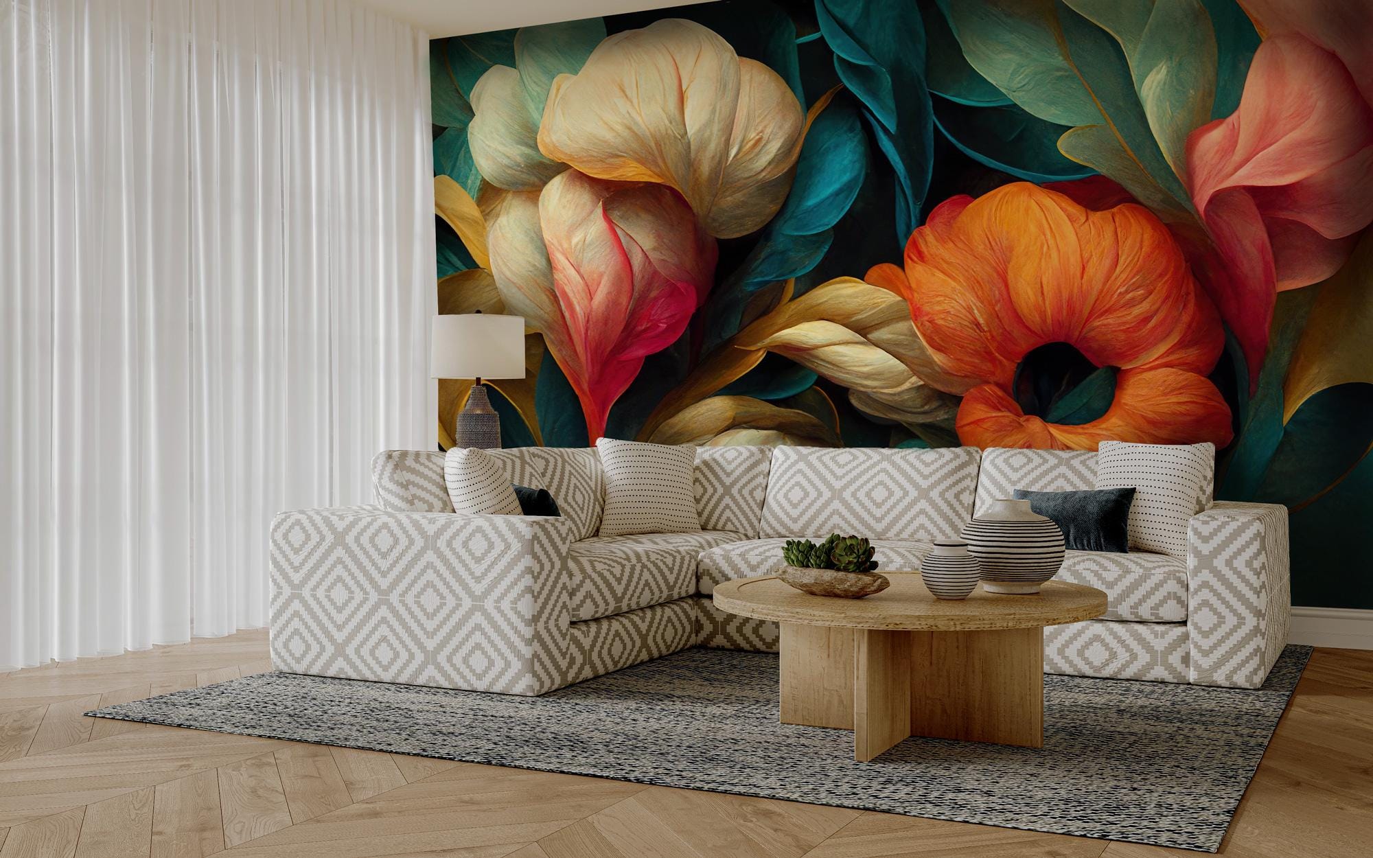 Bold Abstract Floral Wallpaper Mural, Modern Colorful Botanical Peel and Stick Wall Art - View 2