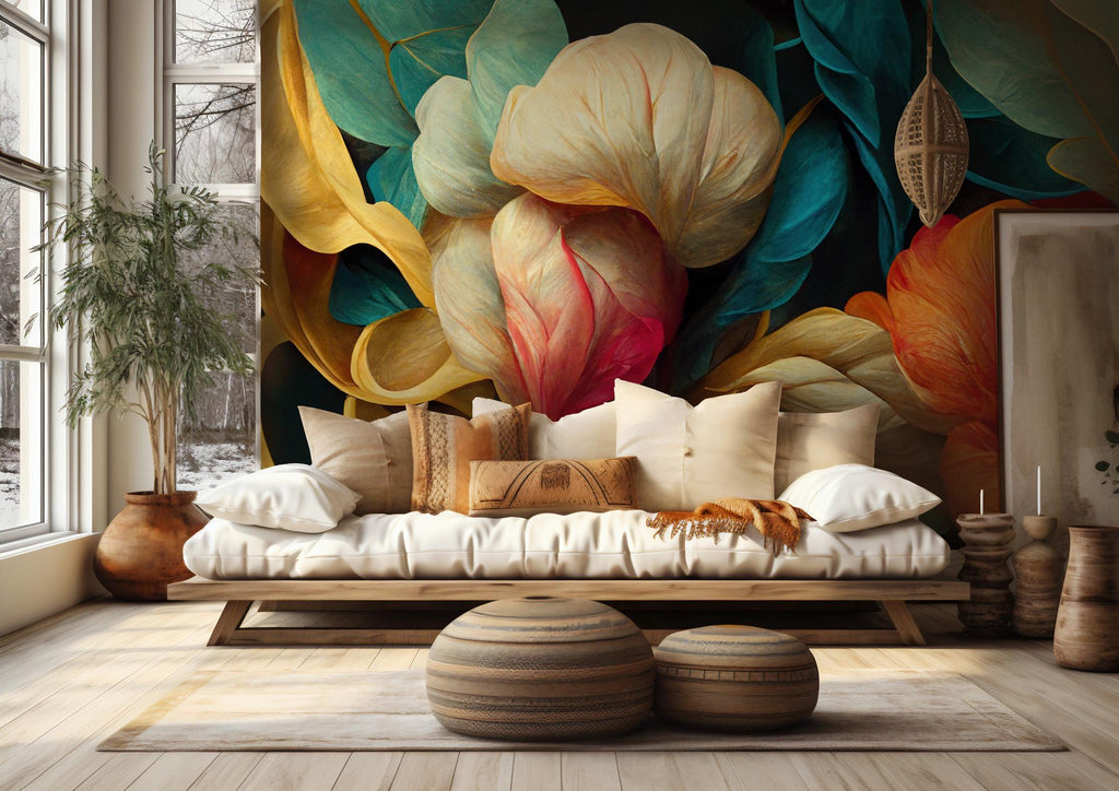 Bold Abstract Floral Wallpaper Mural, Modern Colorful Botanical Peel and Stick Wall Art - View 4