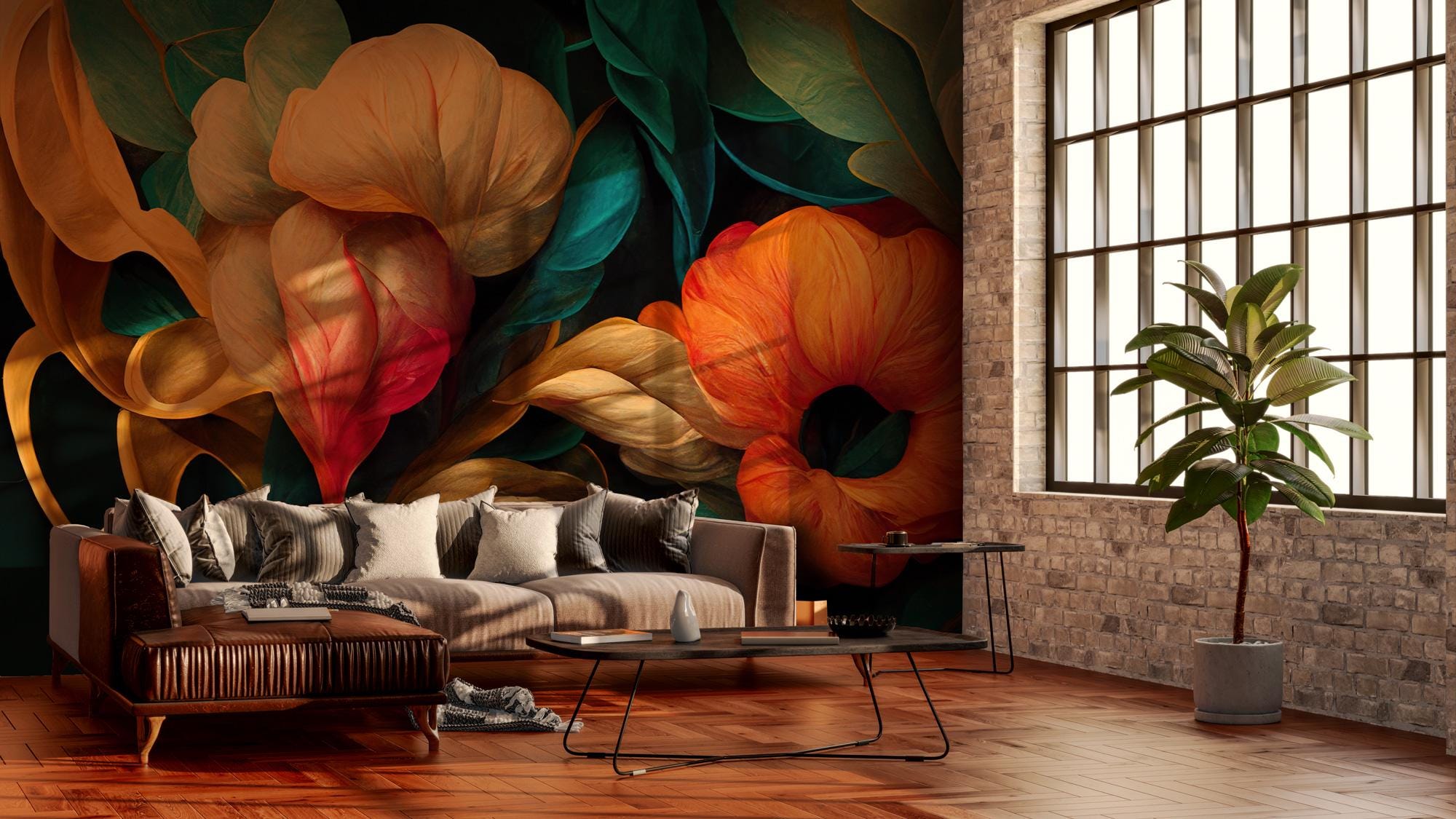 Bold Abstract Floral Wallpaper Mural, Modern Colorful Botanical Peel and Stick Wall Art - View 5