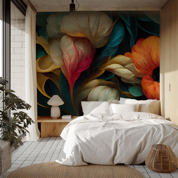 Bold Abstract Floral Wallpaper Mural, Modern Colorful Botanical Peel and Stick Wall Art
