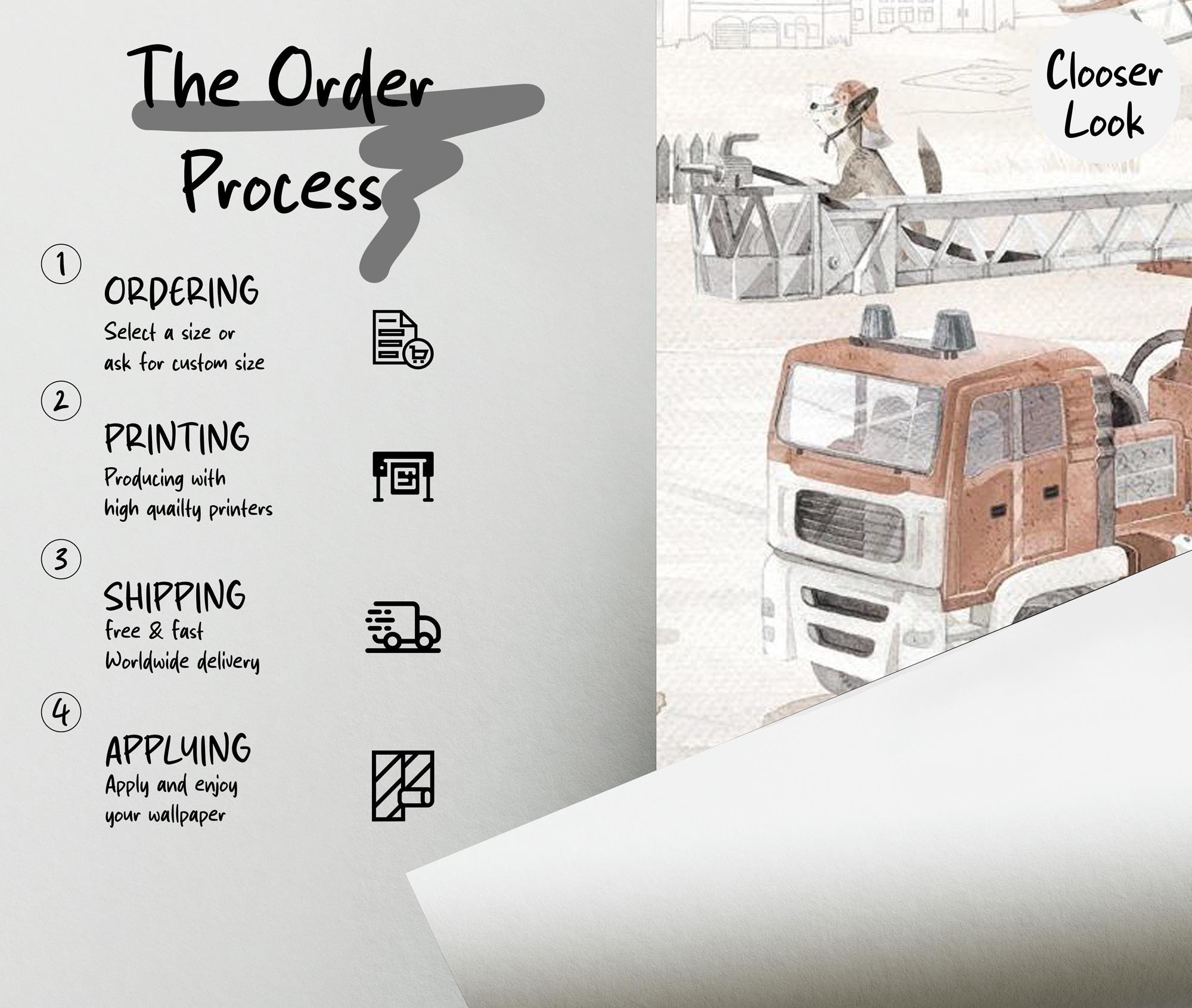 Neutral Firefighter Trucks Kids Wallpaper Mural – Watercolor Fire Station Theme Wall Art - View 2