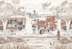 Neutral Firefighter Trucks Kids Wallpaper Mural – Watercolor Fire Station Theme Wall Art - View 6