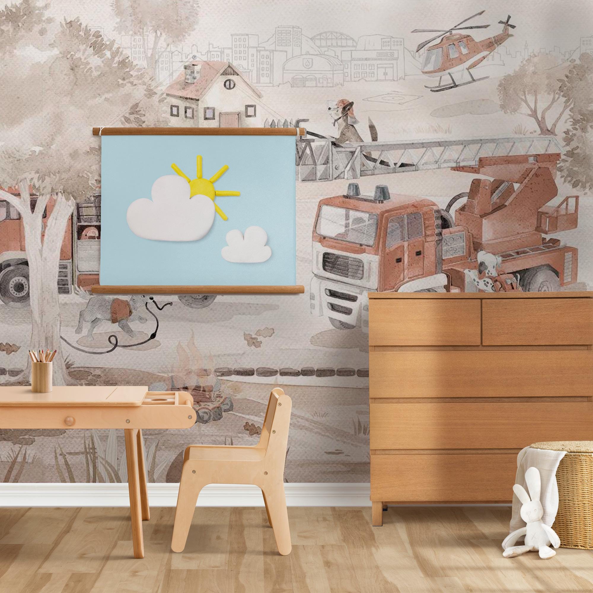 Neutral Firefighter Trucks Kids Wallpaper Mural – Watercolor Fire Station Theme Wall Art - View 4