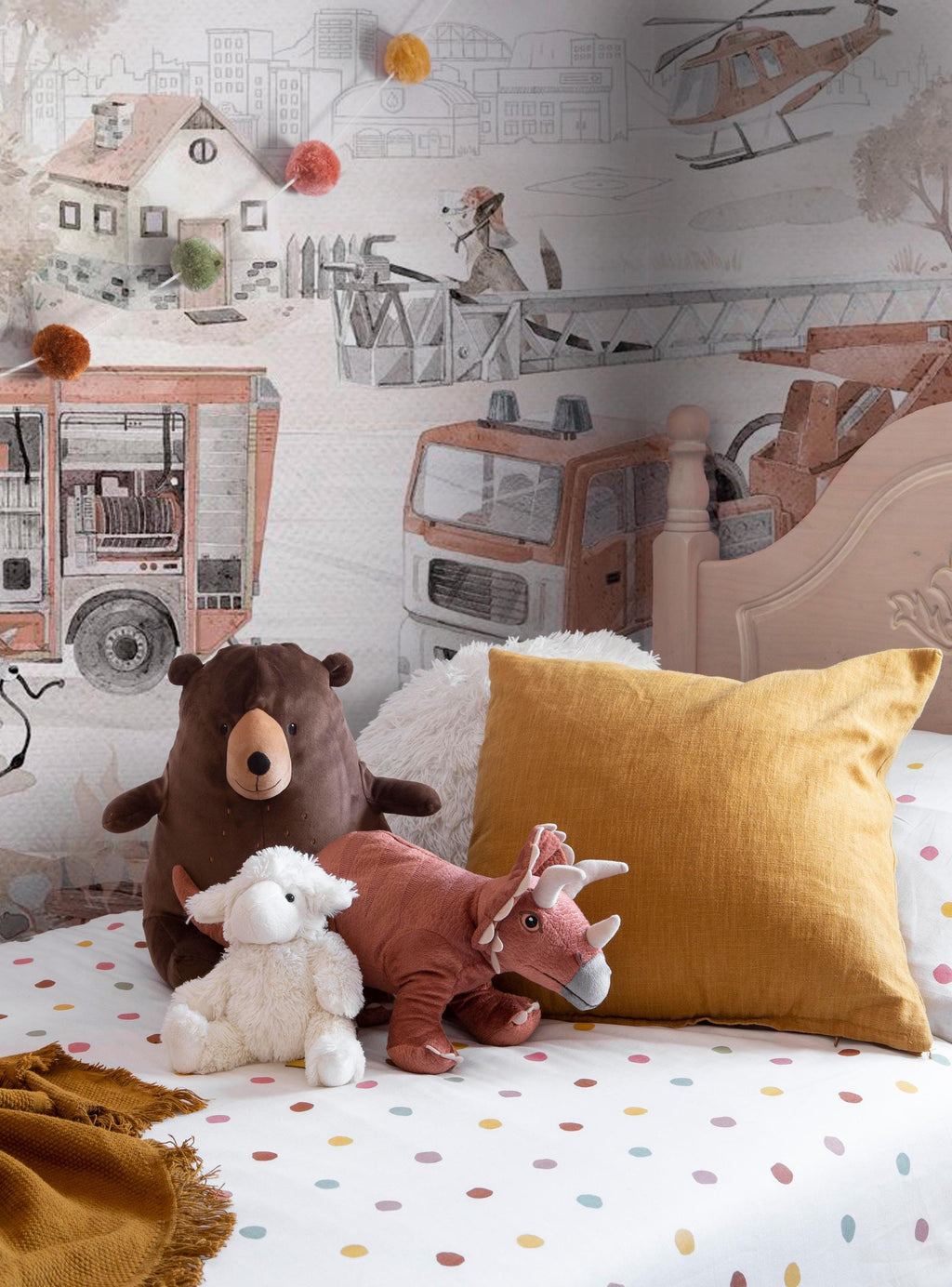 Neutral Firefighter Trucks Kids Wallpaper Mural – Watercolor Fire Station Theme Wall Art - View 3