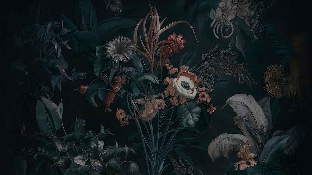 Dark Botanical Floral Wall Mural, Moody Garden Flower Peel and Stick Wallpaper - View 6