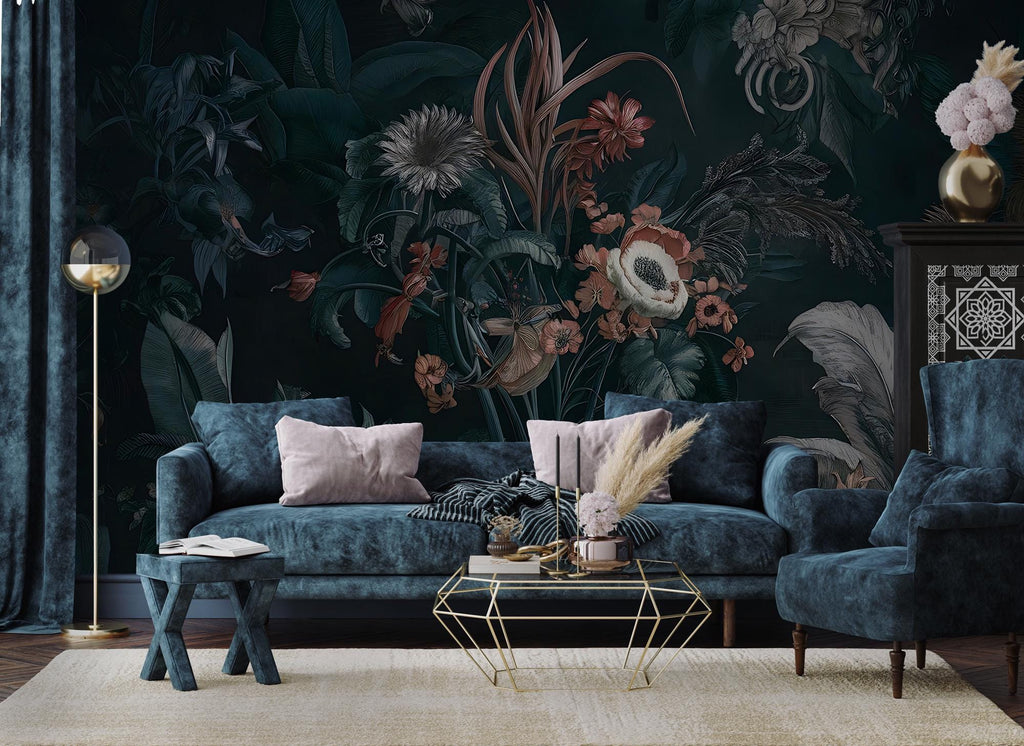 Dark Botanical Floral Wall Mural, Moody Garden Flower Peel and Stick Wallpaper - View 4