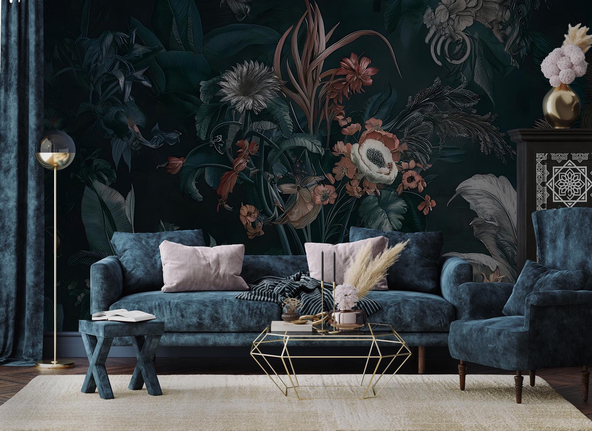 Dark Botanical Floral Wall Mural, Moody Garden Flower Peel and Stick Wallpaper - View 4