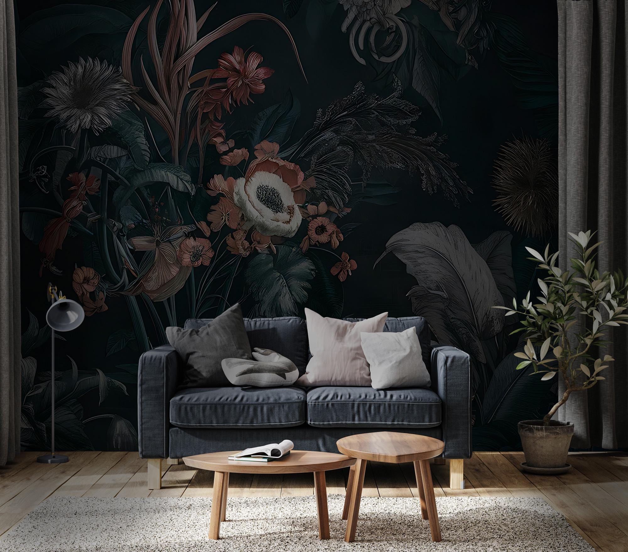 Dark Botanical Floral Wall Mural, Moody Garden Flower Peel and Stick Wallpaper