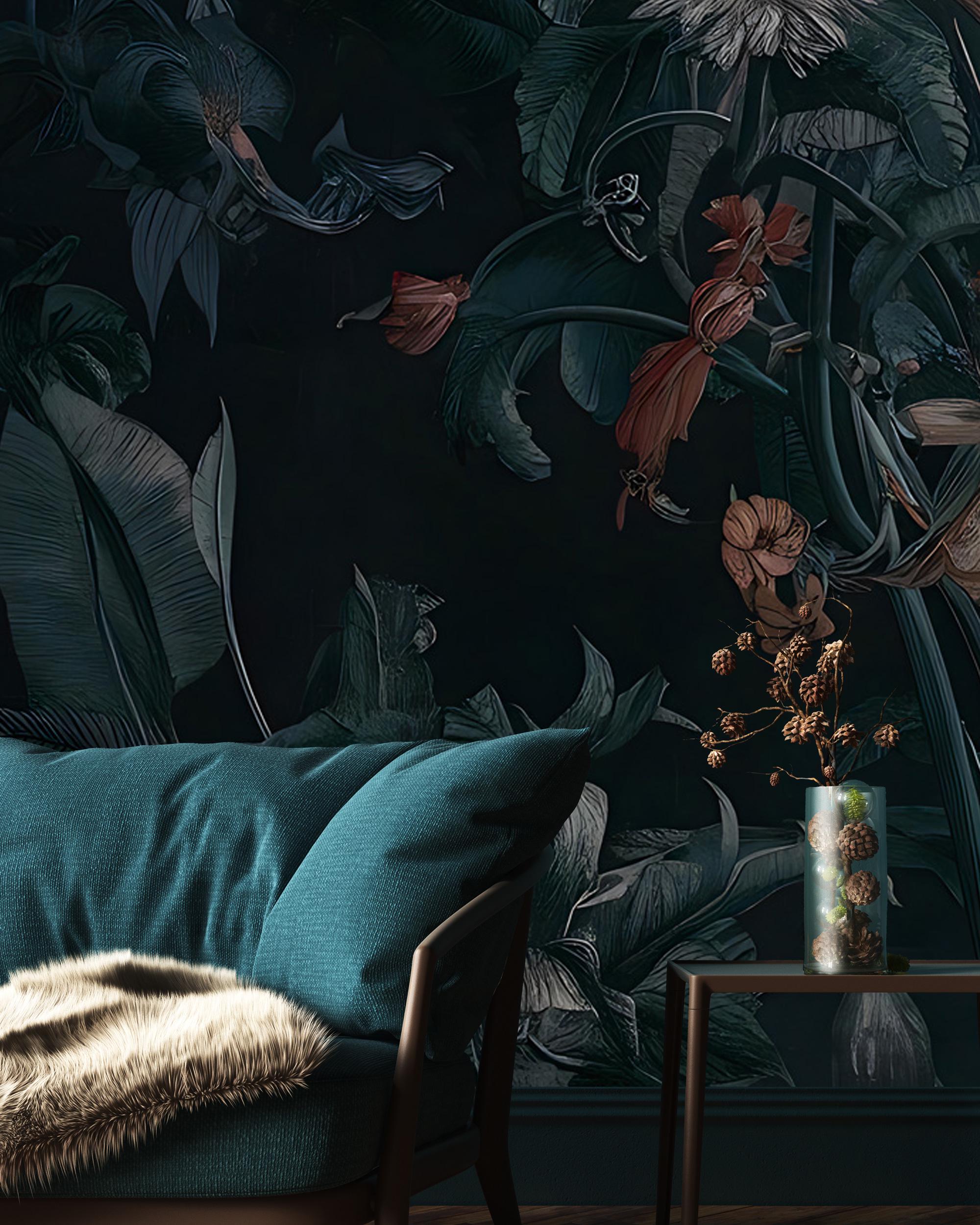 Dark Botanical Floral Wall Mural, Moody Garden Flower Peel and Stick Wallpaper - View 3