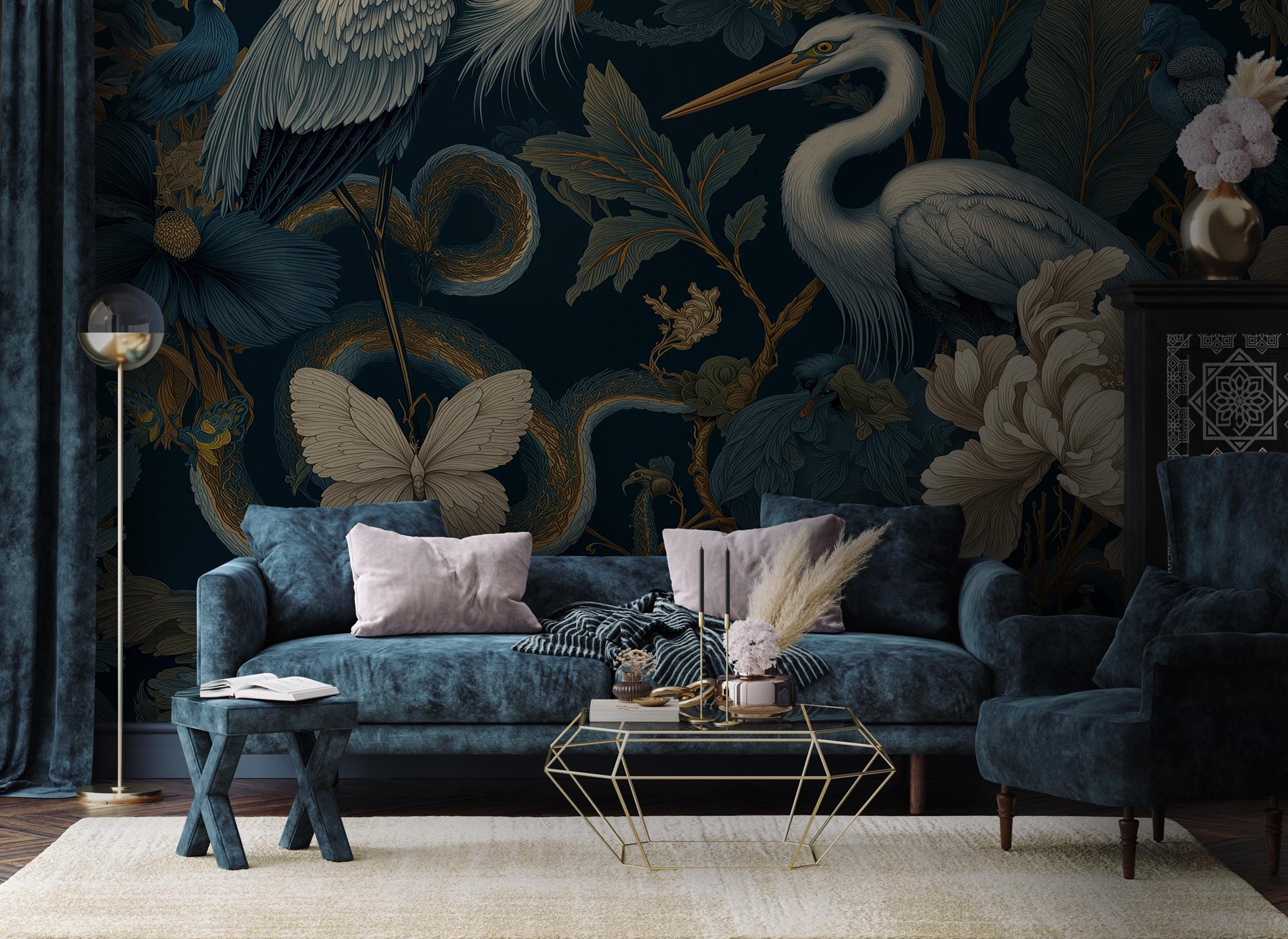 Teal Heron Floral Peel and Stick Wallpaper, Exotic Birds and Butterfly Chinoiserie Wall Mural - View 4