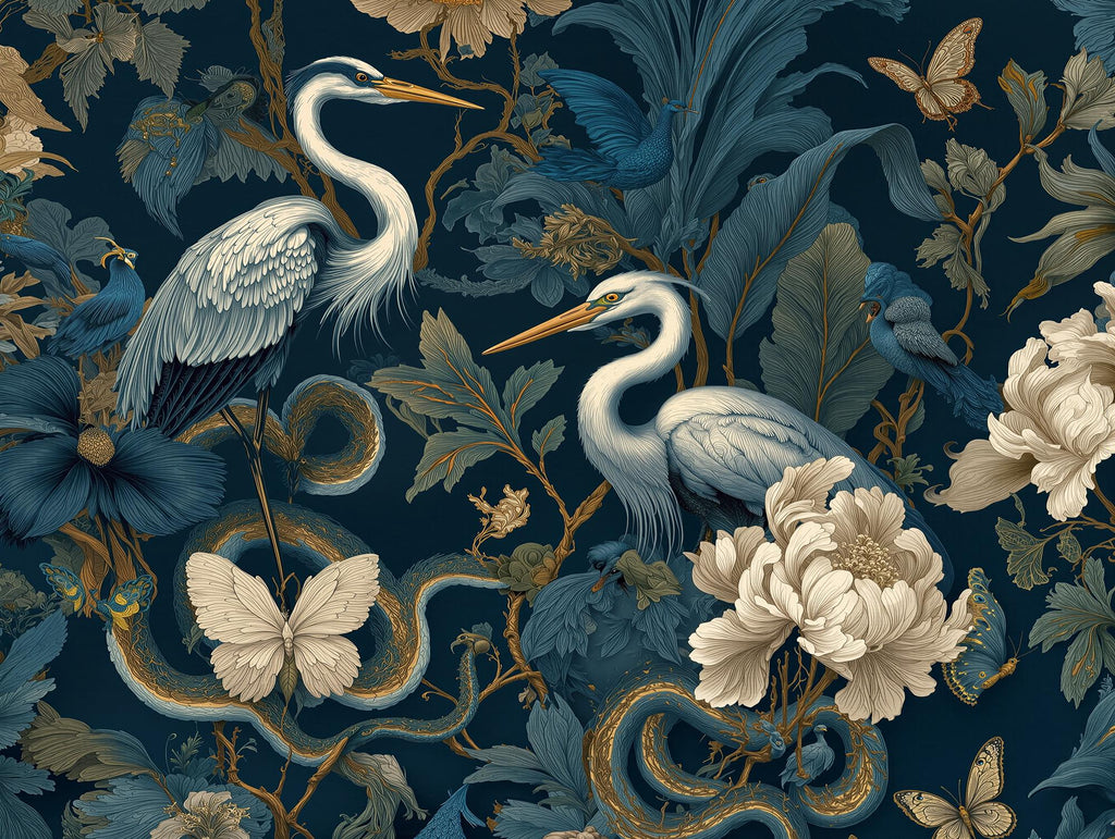 Teal Heron Floral Peel and Stick Wallpaper, Exotic Birds and Butterfly Chinoiserie Wall Mural - View 6