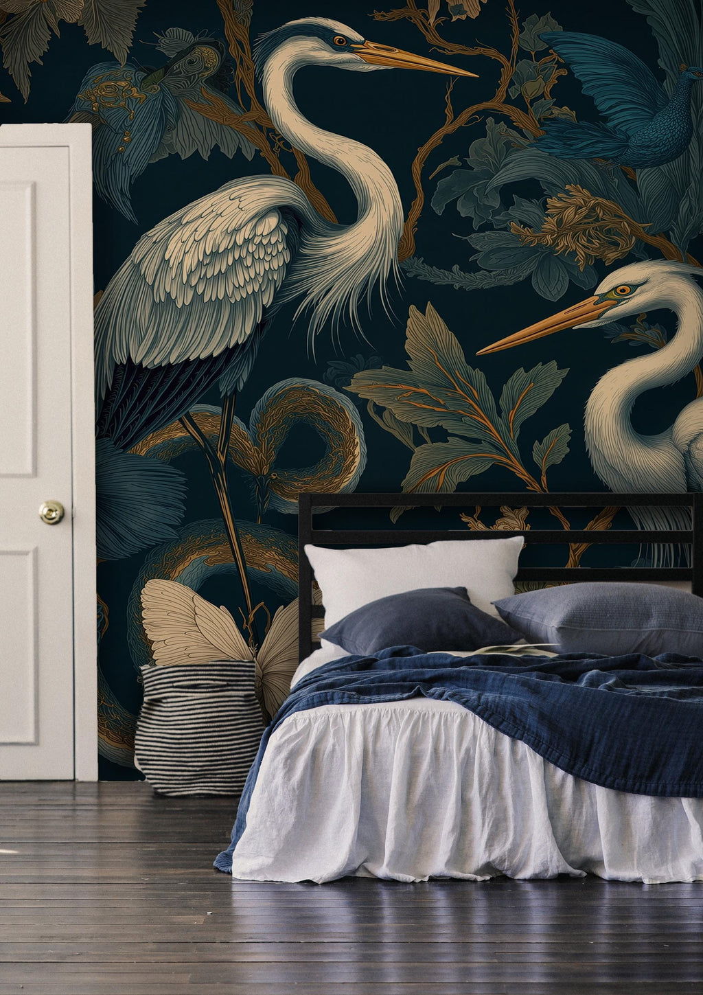 Teal Heron Floral Peel and Stick Wallpaper, Exotic Birds and Butterfly Chinoiserie Wall Mural - View 2