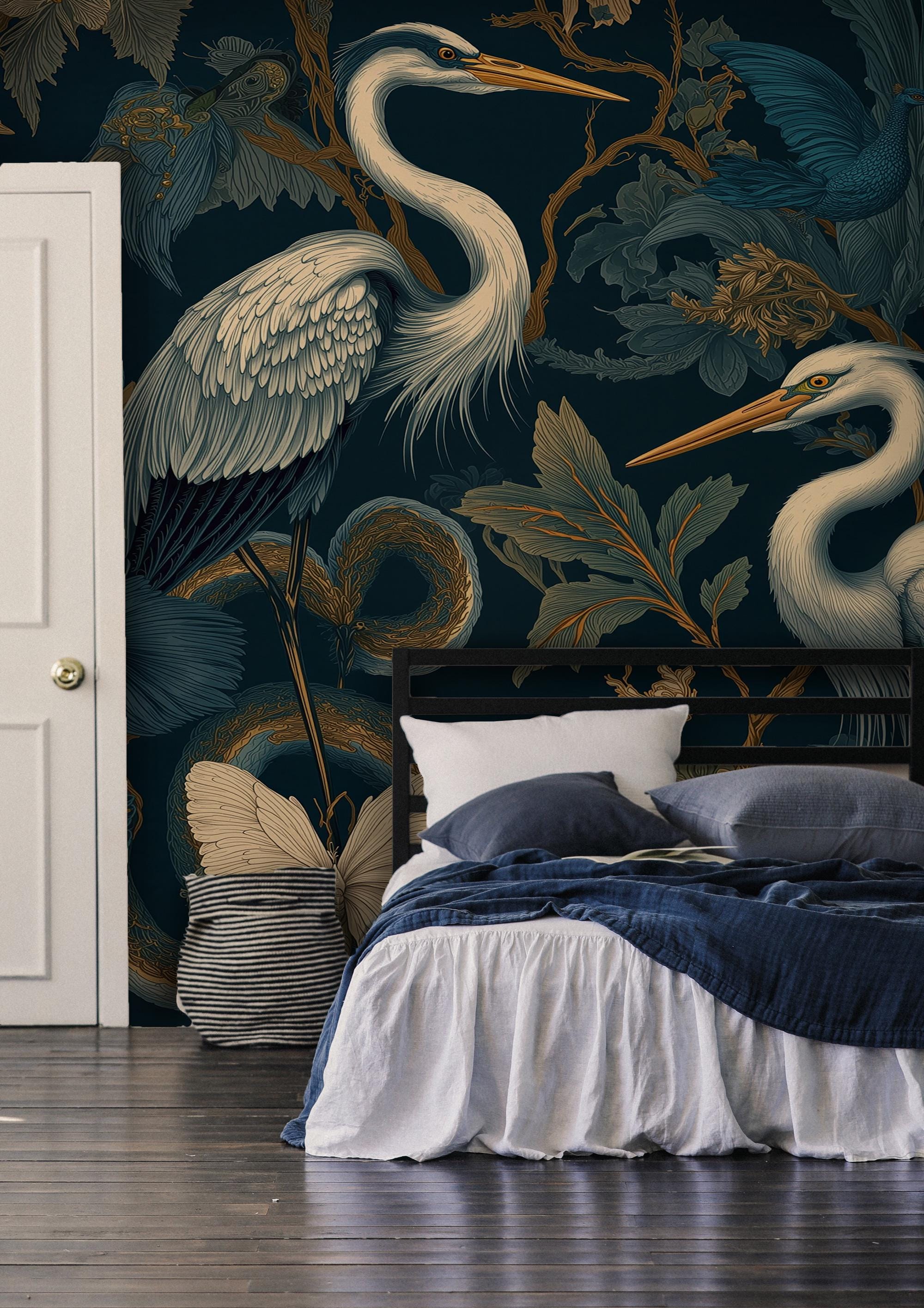Teal Heron Floral Peel and Stick Wallpaper, Exotic Birds and Butterfly Chinoiserie Wall Mural - View 2