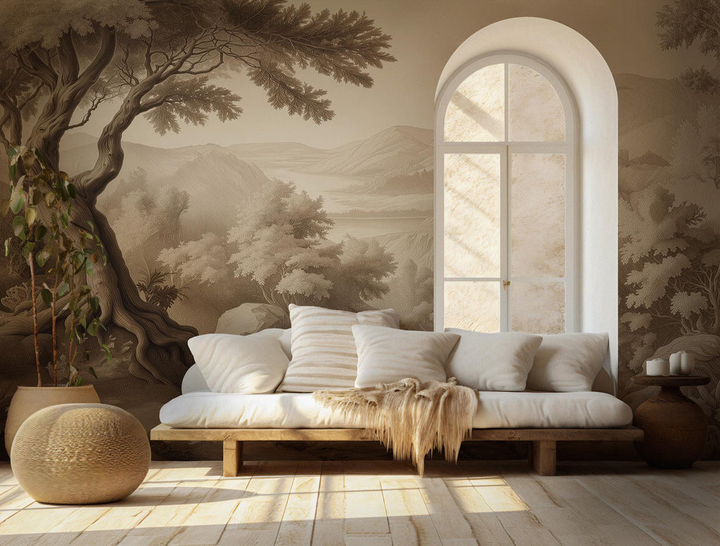 Neutral Forest Wallpaper: Sepia Landscape Peel and Stick Wall Mural - View 3