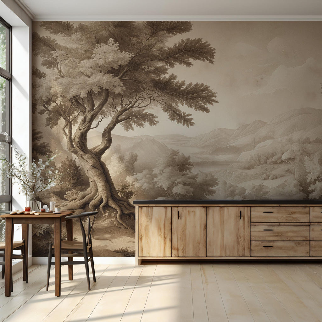 Neutral Forest Wallpaper: Sepia Landscape Peel and Stick Wall Mural - View 2