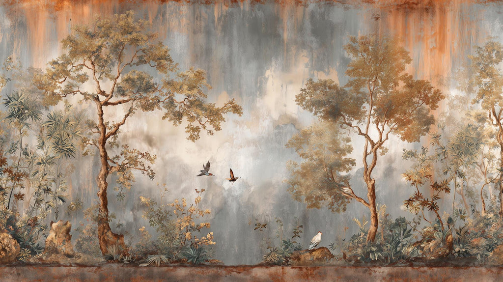 Botanical Landscape Wall Mural, Rustic Tree and Bird Wallpaper, Peel and Stick - View 6