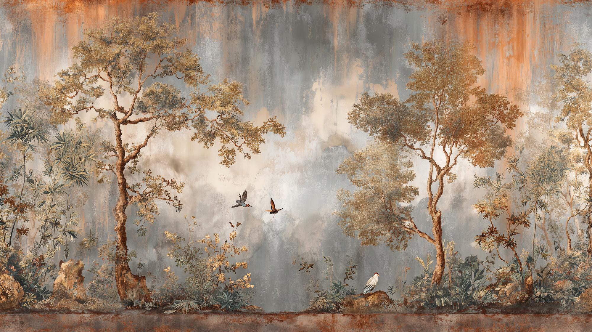Botanical Landscape Wall Mural, Rustic Tree and Bird Wallpaper, Peel and Stick - View 6