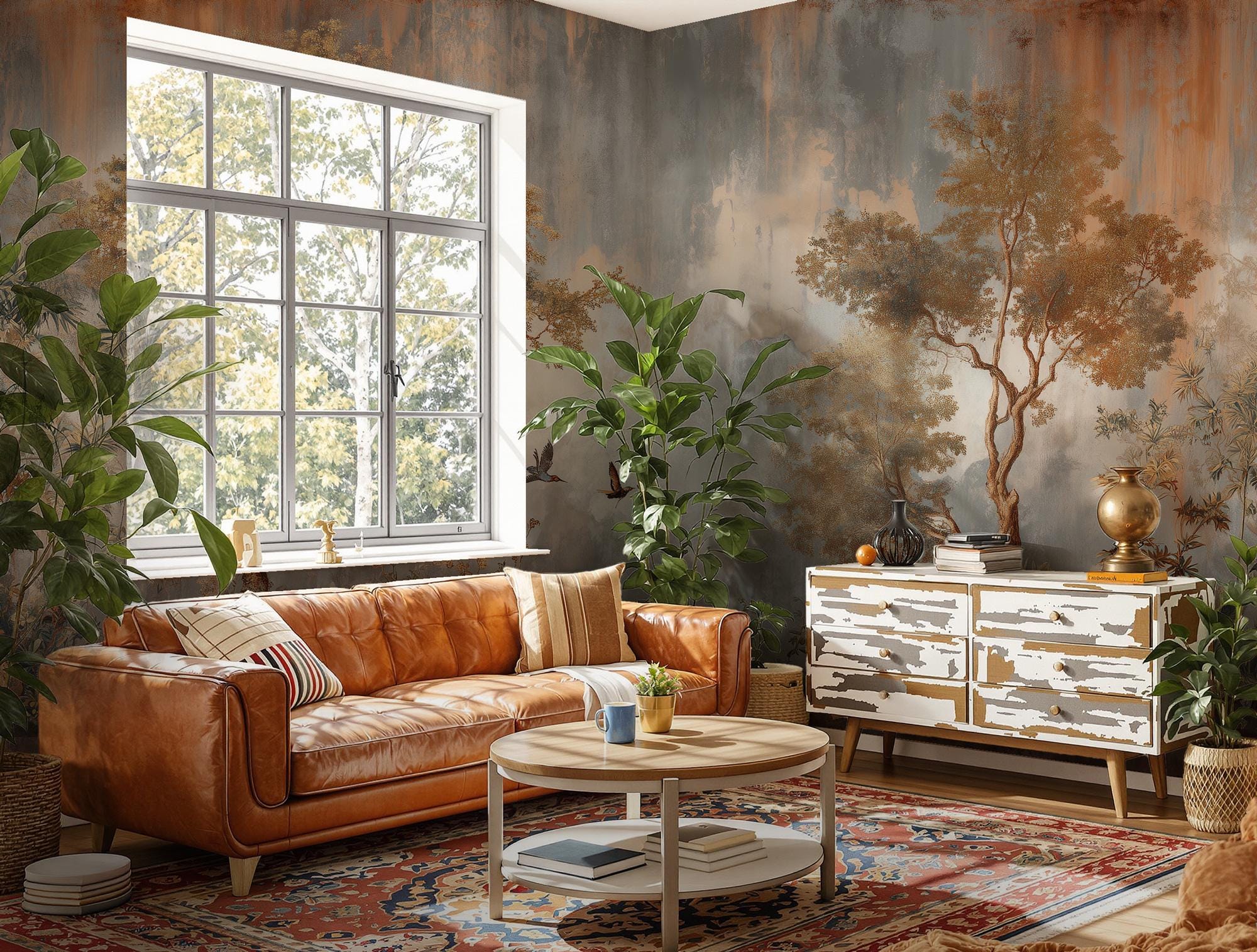 Botanical Landscape Wall Mural, Rustic Tree and Bird Wallpaper, Peel and Stick - View 2