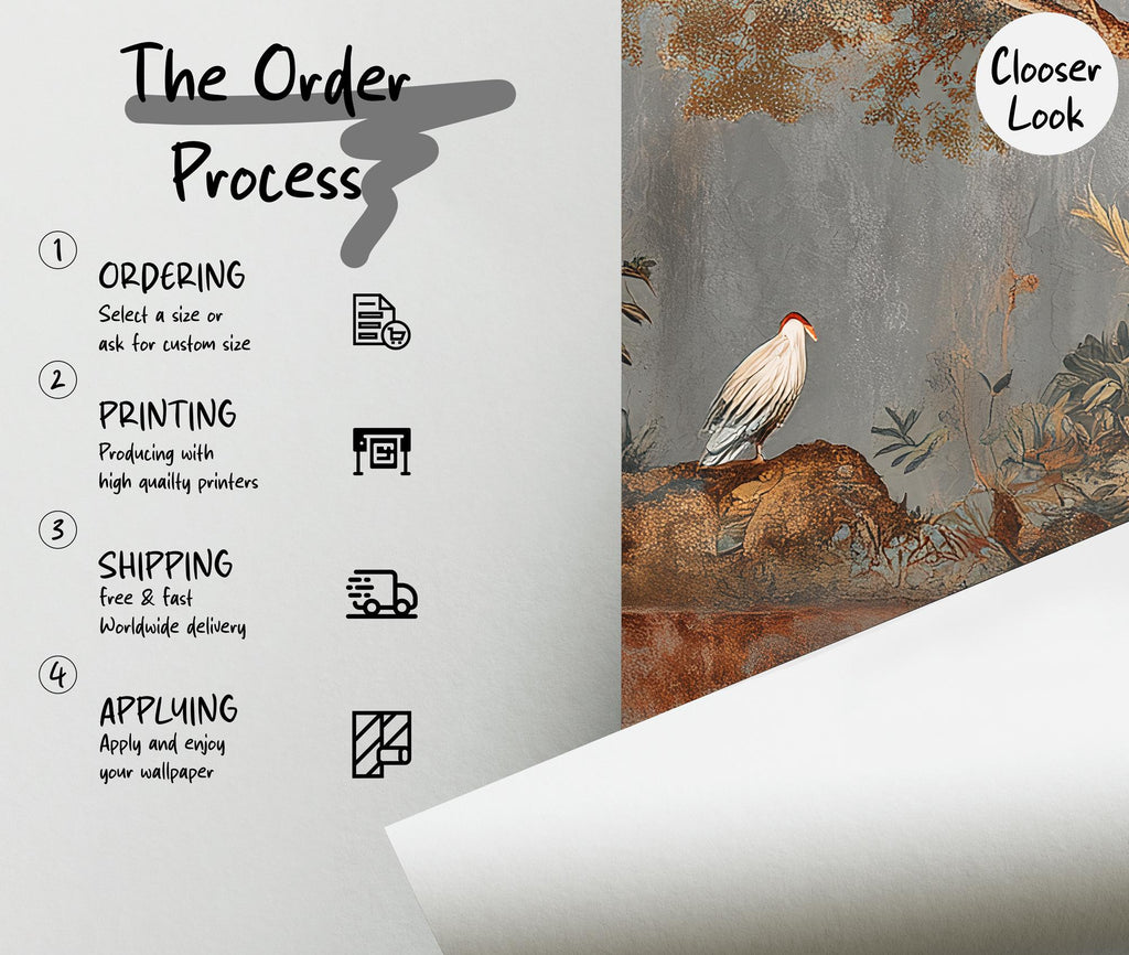 Botanical Landscape Wall Mural, Rustic Tree and Bird Wallpaper, Peel and Stick - View 5