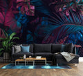 Midnight Teal Fuchsia Jungle Peel and Stick Wallpaper, Custom Sizes Tropical Leaves Wall Mural