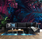 Midnight Teal Fuchsia Jungle Peel and Stick Wallpaper, Custom Sizes Tropical Leaves Wall Mural