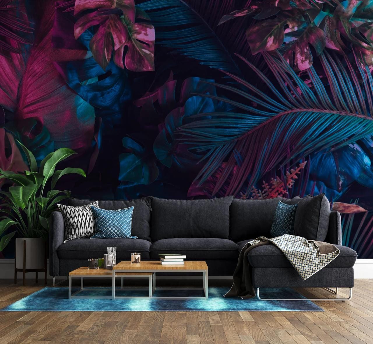 Midnight Teal Fuchsia Jungle Peel and Stick Wallpaper, Custom Sizes Tropical Leaves Wall Mural