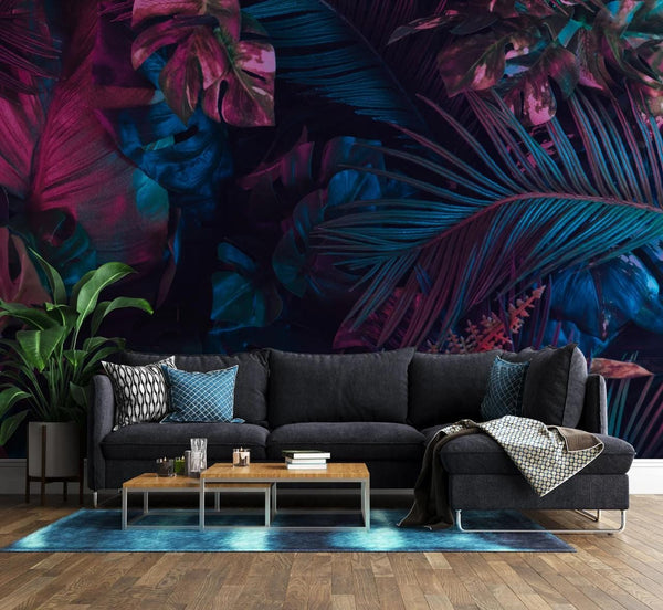 Midnight Teal Fuchsia Jungle Peel and Stick Wallpaper, Custom Sizes Tropical Leaves Wall Mural