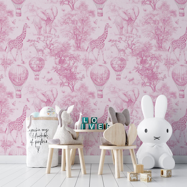 Pink Safari Nursery Wallpaper: Jungle Animals Peel and Stick Mural