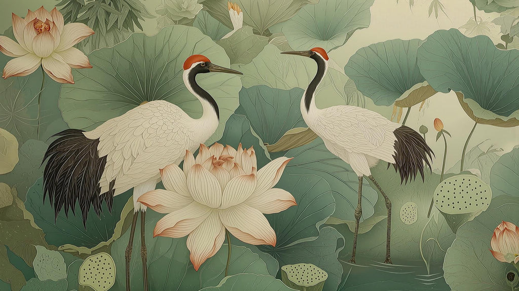 Oriental Crane and Lotus Wallpaper Mural – Elegant Botanical Asian Art - View 6