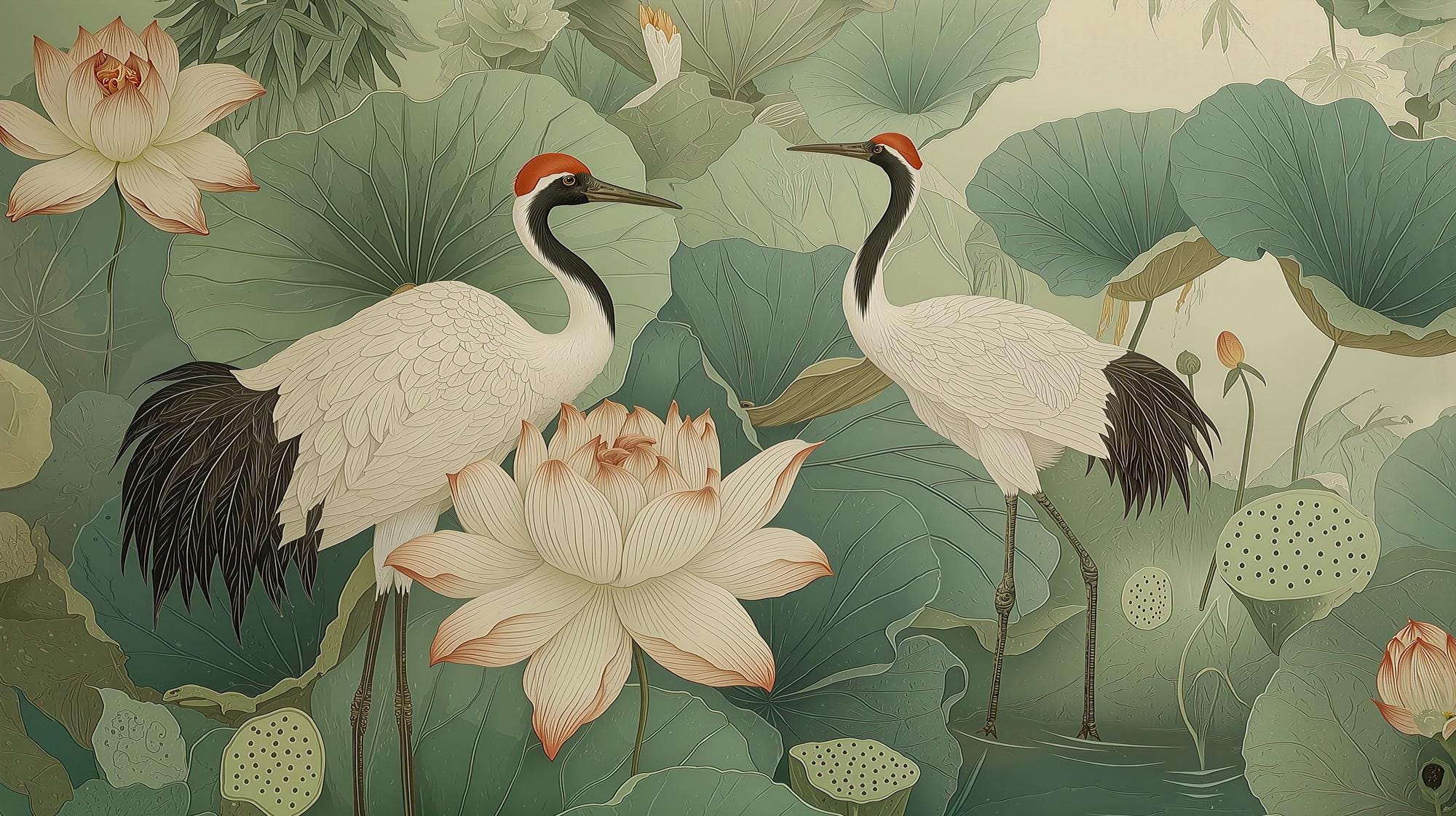 Oriental Crane and Lotus Wallpaper Mural – Elegant Botanical Asian Art - View 6