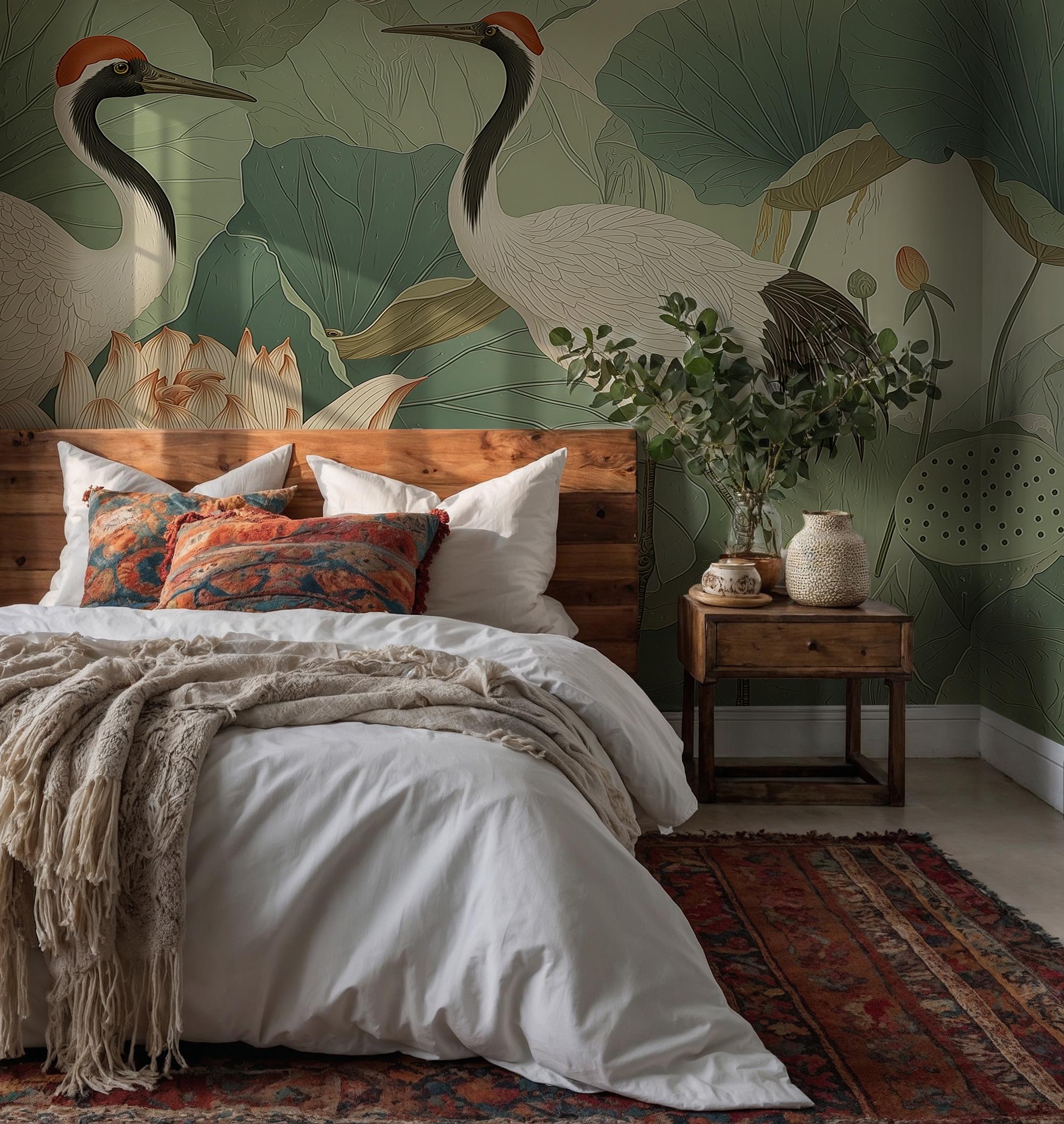 Oriental Crane and Lotus Wallpaper Mural – Elegant Botanical Asian Art - View 2