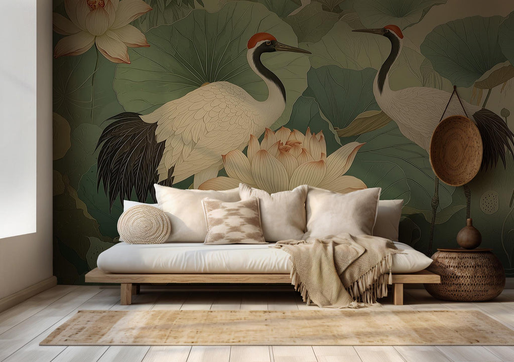 Oriental Crane and Lotus Wallpaper Mural – Elegant Botanical Asian Art - View 3
