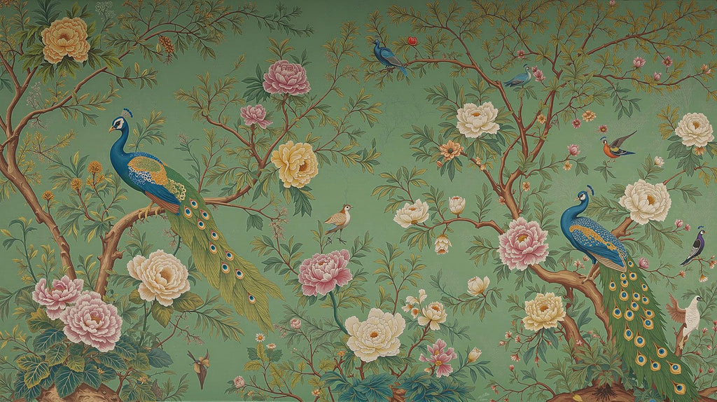 Green Chinoiserie Peacock Wallpaper Mural – Elegant Floral Bird Wall Art - View 6