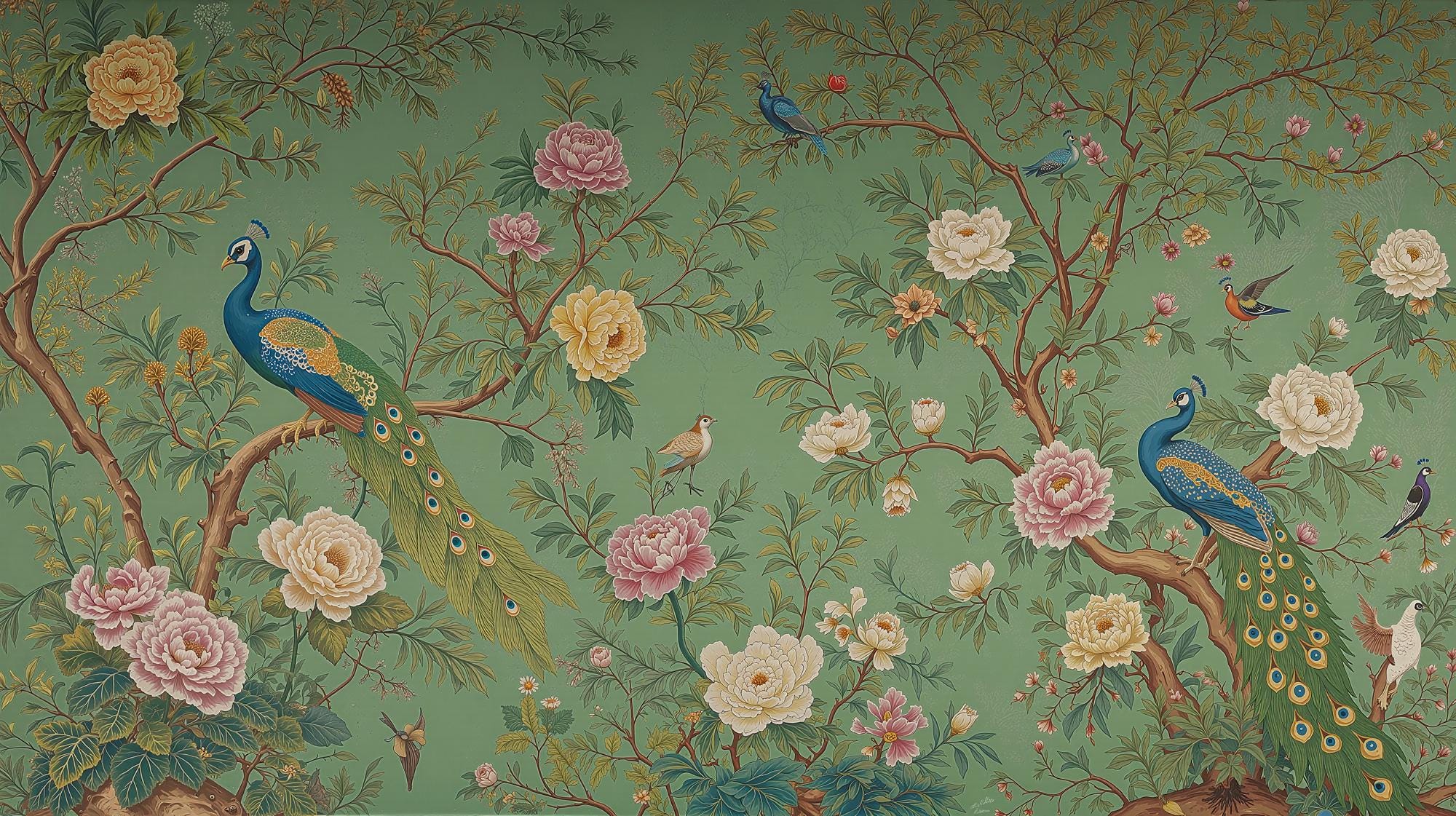Green Chinoiserie Peacock Wallpaper Mural – Elegant Floral Bird Wall Art - View 6